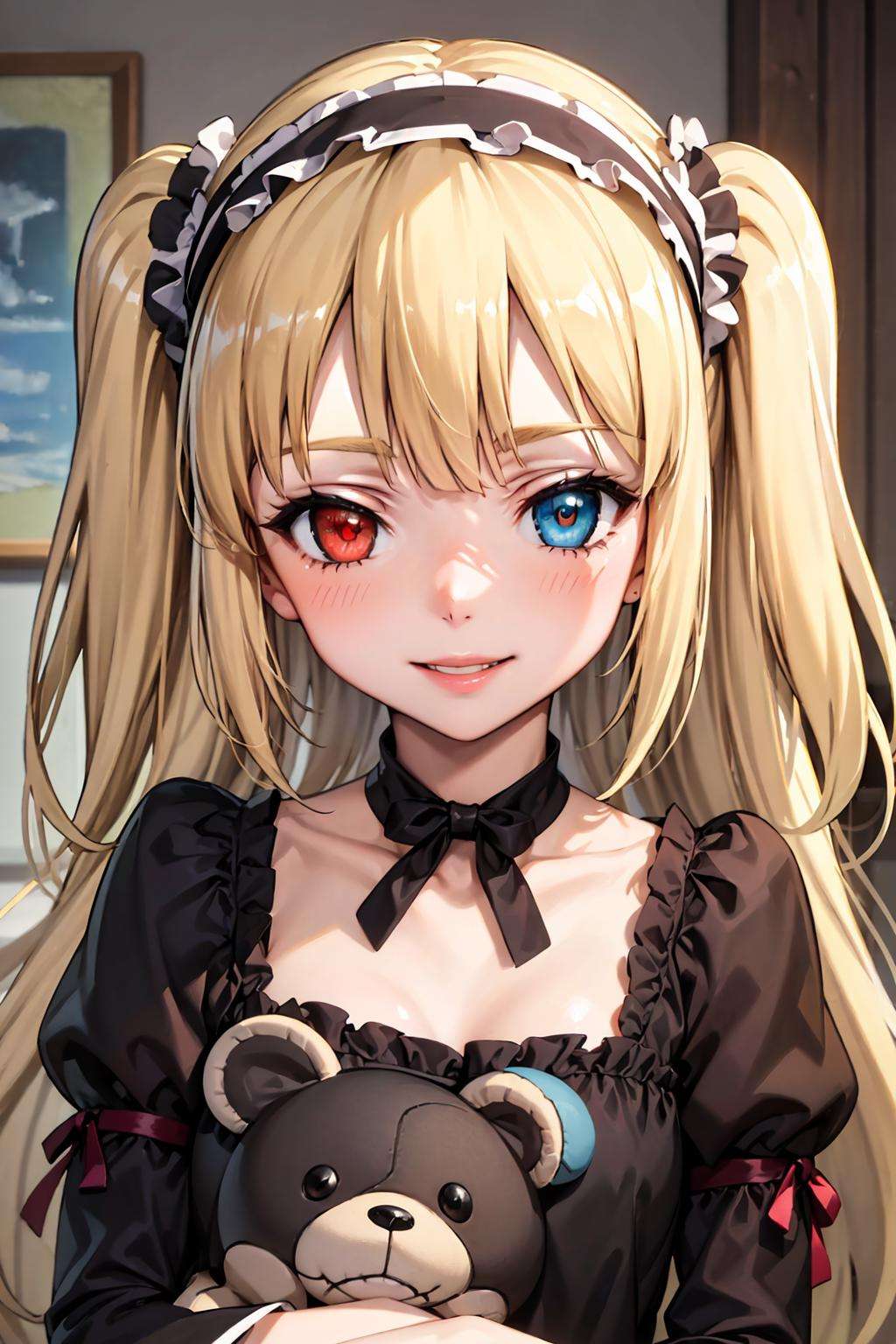 (best quality:1.1), (masterpiece:1.4), (absurdres:1.0), portrait, close-up, 1girl, hasegawa kobato, (flat chest:1.1), blonde hair, twintails, long hair, (heterochromia:1.2), dress, hairband, looking at viewer, indoors, smile,  stuffed animal,<lora:Kizuki - Haganai - Hasegawa Kobato:0.95>