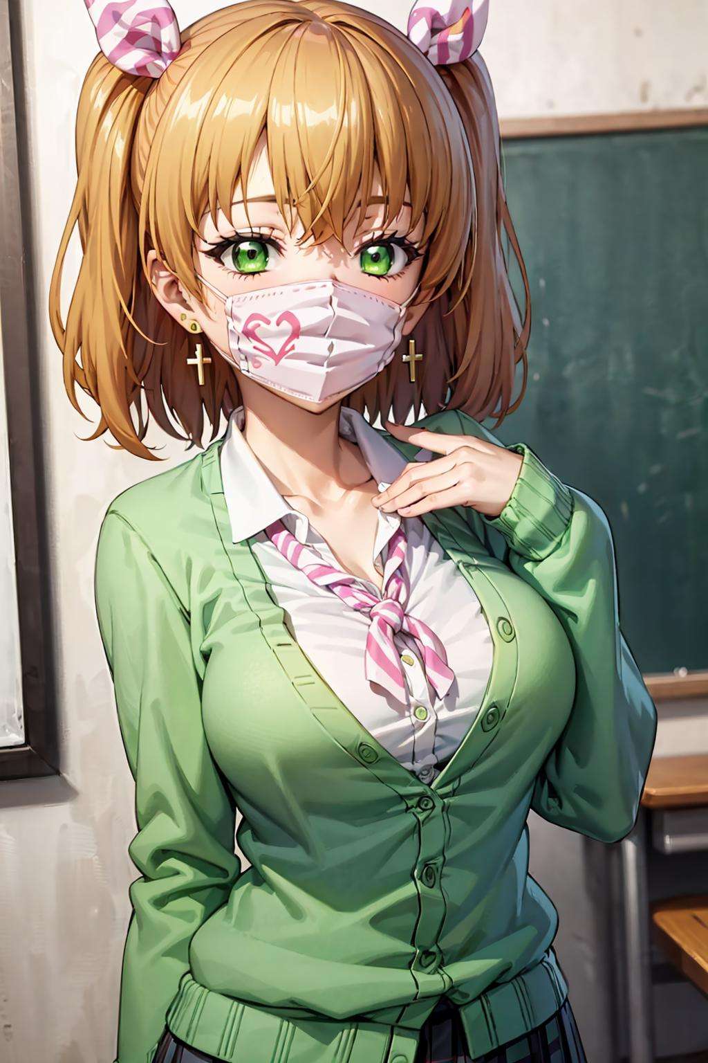 (best quality:1.1), (masterpiece:1.4), (absurdres:1.0), portrait, close up,1girl, wakakusa moena, surgical mask, heart pattern, green eyes, hair ribbon, cross earrings, blonde hair, large breasts, school uniform, plead skirt, (green cardigan:1.2), looking at viewer, classrom, smile, hand on chest,<lora:Kizuki - Super HxEros - Wakakusa Moena:0.90> 