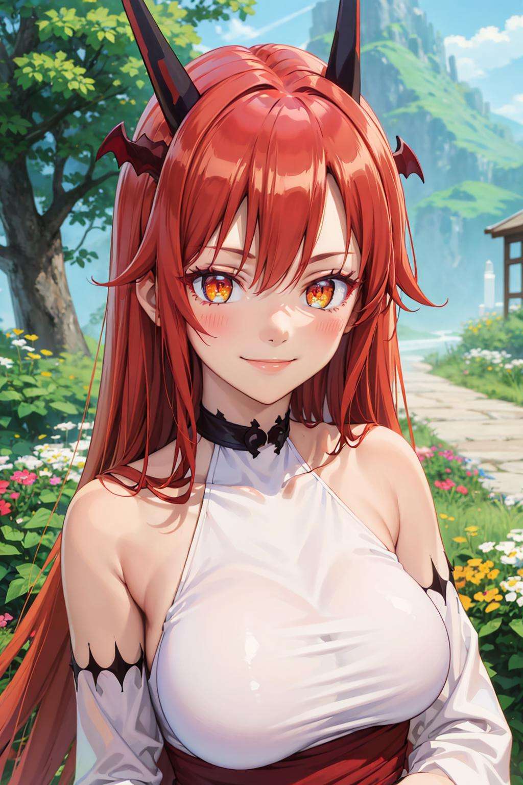 (best quality:1.1), (masterpiece:1.4), (absurdres:1.0), portrait, close-up,1girl, tania, KizukiAi, dragon girl, dragon horns, red hair, orange eyes, large breasts, long hair, collar, white top, long red skirt, detached sleeves, looking at viewer, oudoors, tavern, (blush:1.1), (smile:1.2),<lora:Kizuki - Beast Tamer - Tania:1>