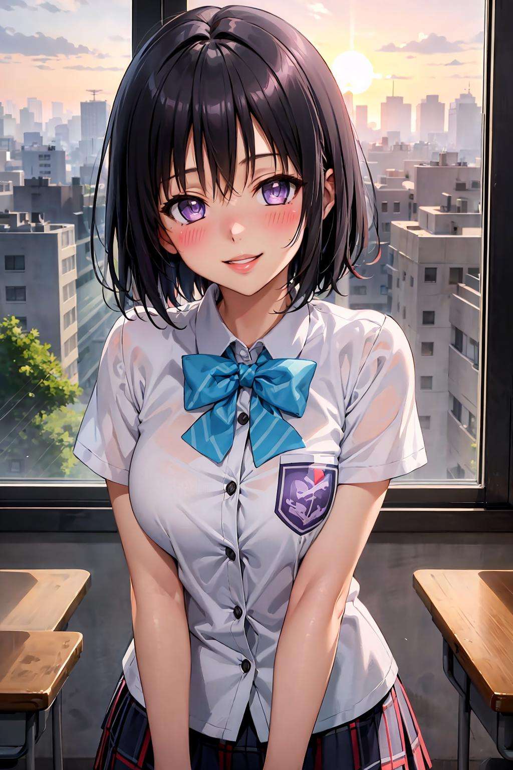 (best quality:1.1), (masterpiece:1.4), (absurdres:1.0),1girl, kirisaki kyouko, bob cut, short hair, black hair, purple eyes, medium breasts, school uniform, plead skirt, looking at viewer, classroom, (blush:1.2), smirk, window, (dawn:1.2), (dusk:1.2), (sunset:1.2), (parted lips:1.1), smile,<lora:Kizuki - To Love Ru - Kirisaki Kyōko:0.8>