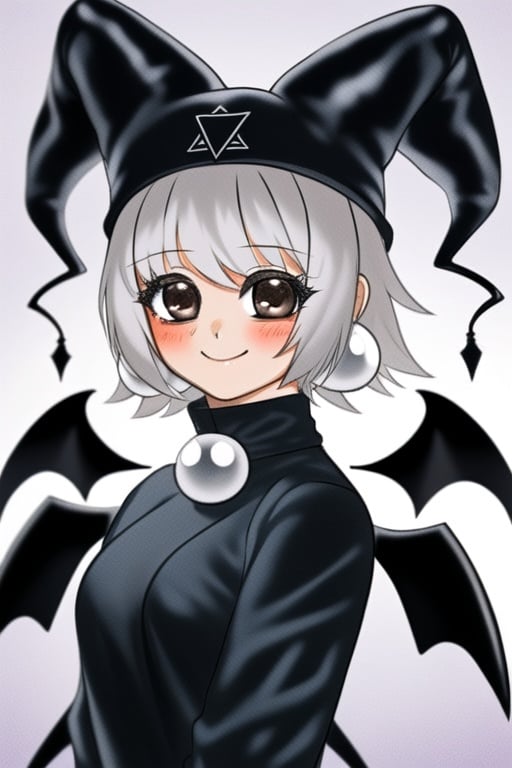 1girl, solo, looking at viewer, blush, smile, short hair, bangs, long sleeves, hat, jewelry, upper body, grey hair, earrings, wings, grey eyes, bat wings, jester cap