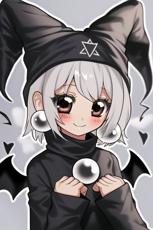 1girl, solo, looking at viewer, blush, smile, short hair, bangs, long sleeves, hat, jewelry, upper body, grey hair, earrings, wings, grey eyes, bat wings, jester cap