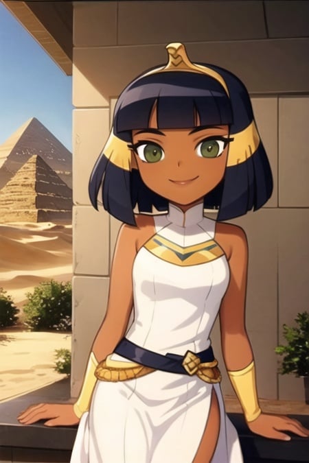 <lora:CleopatraLora-10:0.7>, dark skin, Cleopatra, white dress, smile, tiara, desert, pyramid \(structure\), 