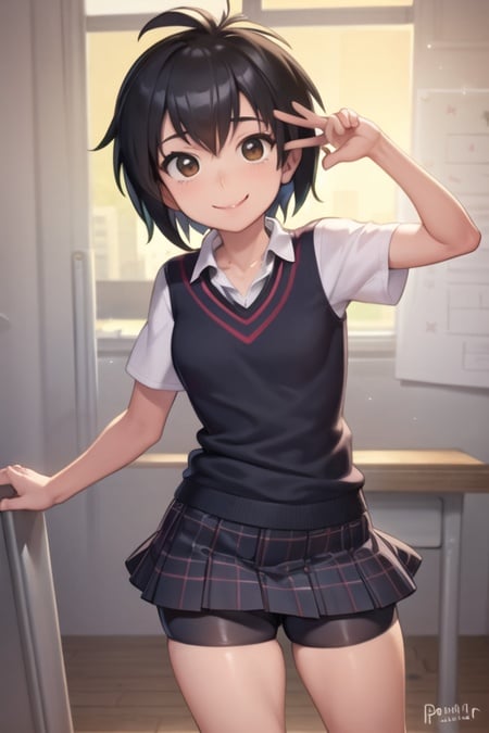 masterpiece, best quality, <lora:PeniLora-10:0.7>, peni parker, school uniform, plaid skirt, bike shorts, shirt, smile, 