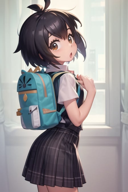 masterpiece, best quality, <lora:PeniLora-10:0.7>, peni parker, plaid skirt, school uniform, shirt, aqua backpack, from side, :o