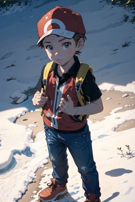 masterpiece, best quality, <lora:RedLora:0.7>, 1boy, solo, red \(pokemon\), (AS-Younger:1.3), serious, black shirt, red vest, red hat, jeans, standing on a mountain, snow, yellow backpack, closed mouth, 