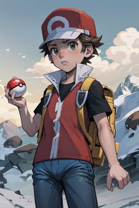 masterpiece, best quality, <lora:RedLora:0.7>, 1boy, solo, red \(pokemon\), (AS-Younger:1.3), serious, black shirt, red vest, red hat, jeans, standing on a mountain, snow, yellow backpack, holding poke ball, closed mouth, 