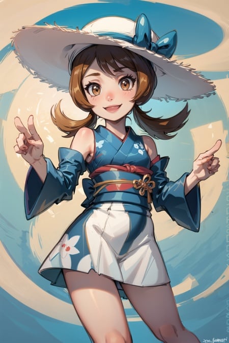 masterpiece, best quality, AS-Younger, <lora:LyraLora:0.7>, lyra \(pokemon\), smile. detached sleeves, blue kimono, japanese clothes, white headwear, sun hat, 