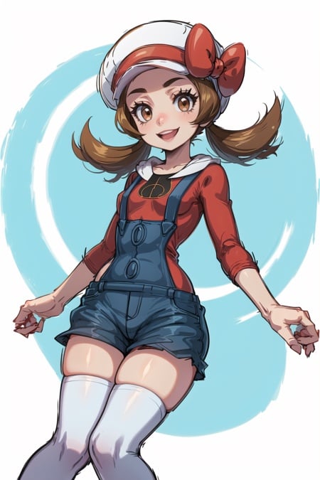 masterpiece, best quality, AS-Younger, <lora:LyraLora:0.7>, lyra \(pokemon\), white headwear, cabbie hat, red bow, red shirt, denim shorts, overalls, white thighhighs, smile