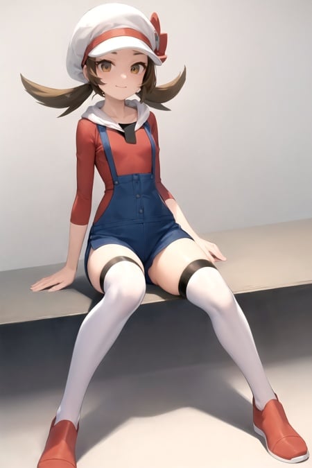 masterpiece, best quality, <lora:Lyra-01:1> , lyra \(pokemon\), full body, brown eyes, red shirt, overalls, white headwear, bow, red footwear, white thighhighs, smile, sitting, 