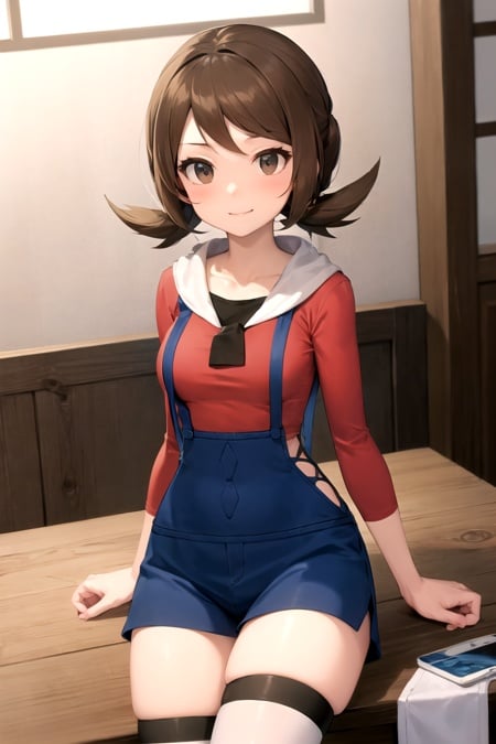 masterpiece, best quality, <lora:Lyra-01:1> , lyra \(pokemon\), brown eyes, red shirt, overalls, smile, sitting, white thighhighs, 