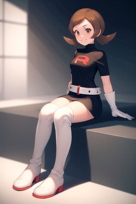 masterpiece, best quality, <lora:LyraRocket:1>, lyra \(pokemon\), brown eyes, sitting, full body, thigh boots, white boots, black shirt, black skirt, white belt, team rocket, team rocket uniform, white gloves, evil smile, 