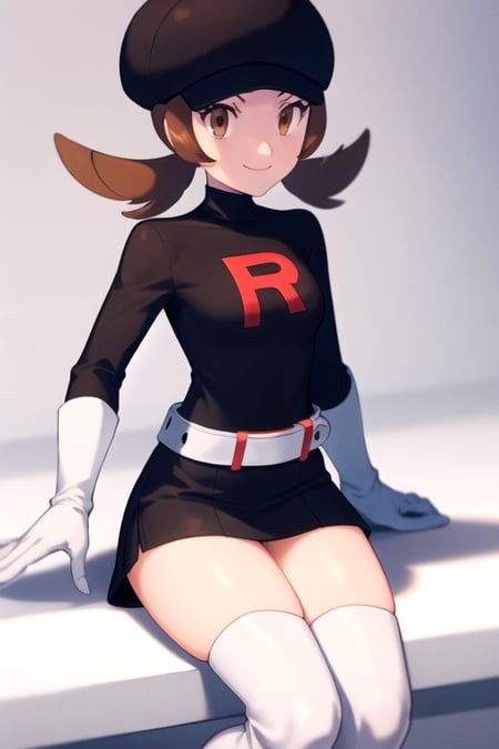 masterpiece, best quality, <lora:LyraRocket:1>, lyra \(pokemon\), brown eyes, sitting, full body, thigh boots, white boots, black shirt, black skirt, white belt, black headwear, team rocket, team rocket uniform, white gloves, evil smile, 