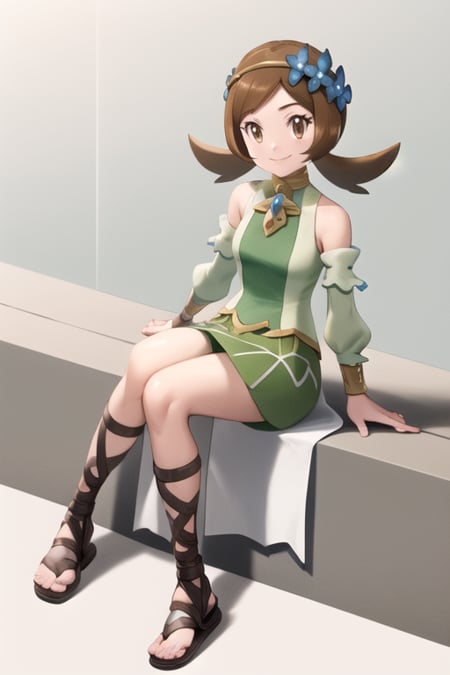 masterpiece, best quality, <lora:LyraSygna:1>, lyra \(pokemon\), brown eyes, green skirt, green dress, sitting, full body, smile, gladiator sandals, circlet, hair flower, detached sleeves, 