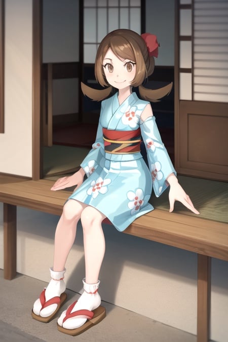 masterpiece, best quality, <lora:LyraSummer:1>, lyra \(pokemon\), brown eyes, blue kimono, japanese clothes, socks, sandals, sitting, full body, smile, floral print, obi