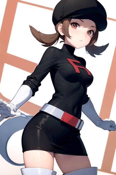 masterpiece, best quality, <lora:LyraRocketV2:0.7>, lyra \(pokemon\), team rocket, team rocket uniform, black dress, long sleeves, white belt, white gloves, elbow gloves, white thigh boots, black headwear