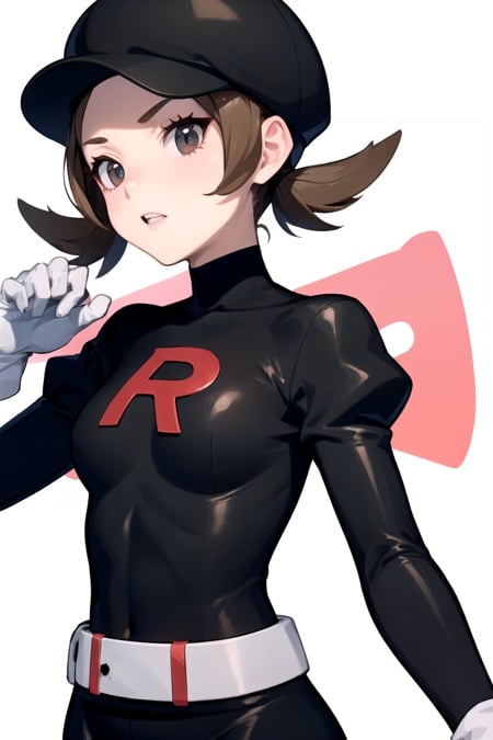 masterpiece, best quality, <lora:LyraRocketV2:0.7>, lyra \(pokemon\), team rocket, team rocket uniform, black dress, long sleeves, white belt, white gloves, elbow gloves, black headwear, upper body, 