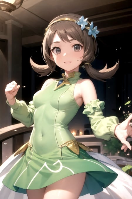 masterpiece, best quality, <lora:LyraSygnaV2:0.7>, lyra \(pokemon\), green dress, circlet, hair flower, detached sleeves, smile, cowboy shot, 