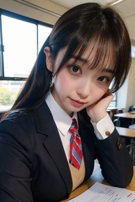 a photo of moefive, 18 year old girl in the classroom, close up, <lora:moefive-13:0.9>, (intricate details:0.8), (hdr, hyperdetailed:1.2), school uniform