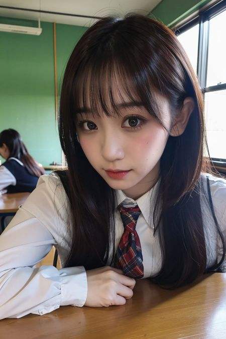 a photo of moefive, 18 year old girl in the classroom, close up, <lora:moefive-13:0.9>, (intricate details:0.8), (hdr, hyperdetailed:1.2), school uniform