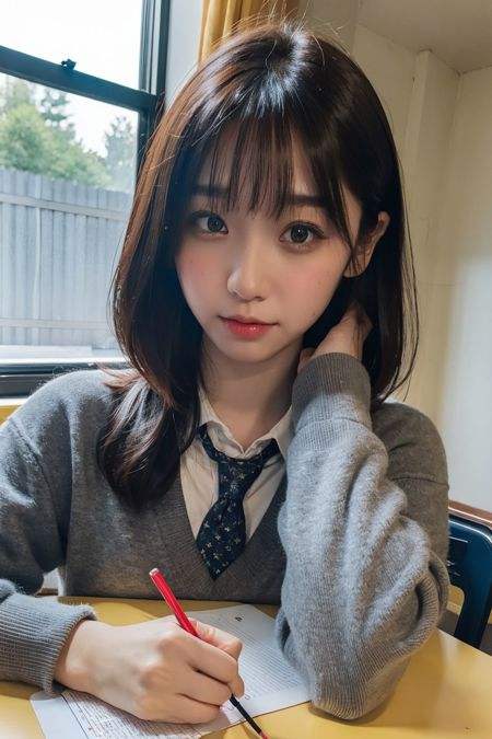 a photo of moefive, 18 year old girl in the classroom, close up, <lora:moefive-13:0.9>, (intricate details:0.8), (hdr, hyperdetailed:1.2), school uniform