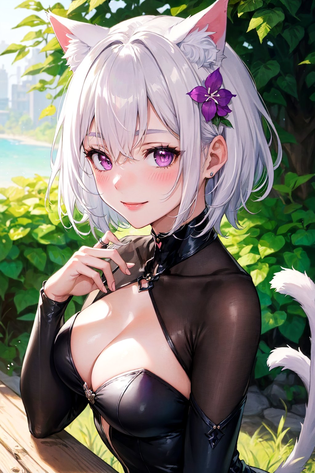 ((masterpiece, best quality, highly detailed)), 
1girl, animal ears, cat ears, smile, sitting, cat woman, cat tail, hair flower, hair ornament, purple eyes, white hair, pink highlights, short hair, tail, blush, looking at viewer, mature woman, portrait, outdoors, detailed hands