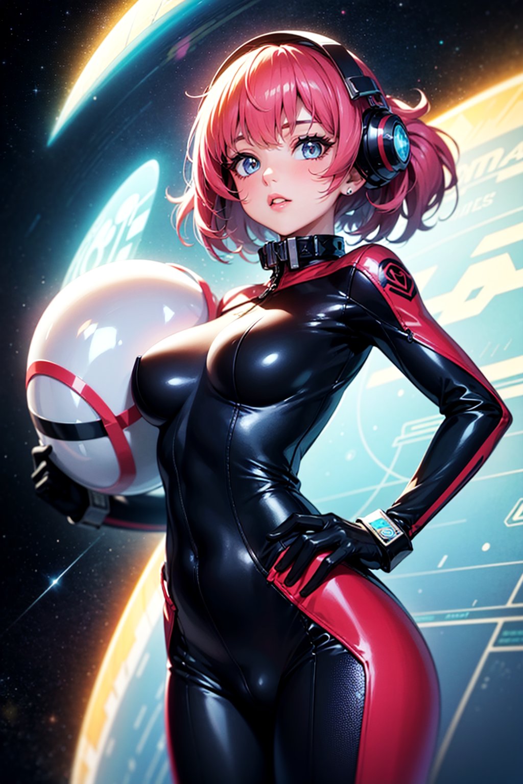 a girl, thunder yellow jacket, tight suit,Space helm of the 1960s,and the anime series G Force of the 1980s,Darf Punk wlop glossy skin, ultrarealistic sweet girl, space helm 60s, holographic, holographic texture, the style of wlop, space, 