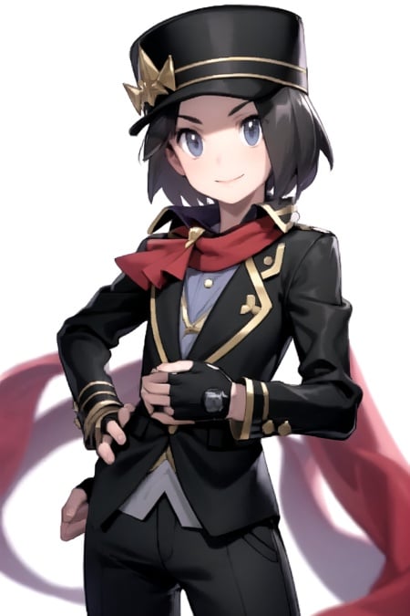 masterpiece, best quality, <lora:CalemLora:0.7>, 1boy, solo, smile, calem \(pokemon\), serious, grey shirt, black jacket, black headwear, hat ornament, black gloves, fingerless gloves, red scarf, black pants