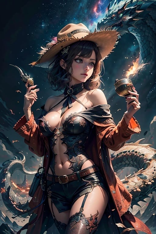 1girl,galaxy,leg_spread,cowgirl outfit,cowboy hat,nebuwear,misaka_mikoto,little breast,off-shoulder,ride on the neck of a dragon flying in the sky,one hand holding hat and another hand holding the dragon horn