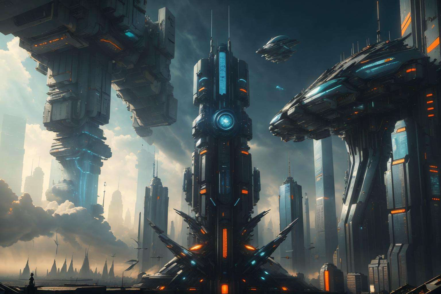 ((Best quality)),((masterpiece)),((realistic)),futuristic style,cyberpunk,skyscraper,metropolis,sense of science and technology,blue and orange tones,