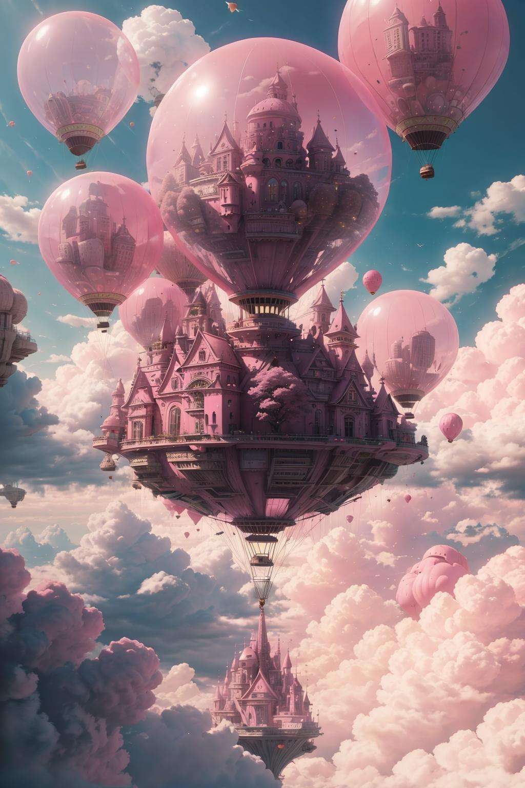 giant pink balloon,cities floating on balloons,magnificent clouds,pink theme,