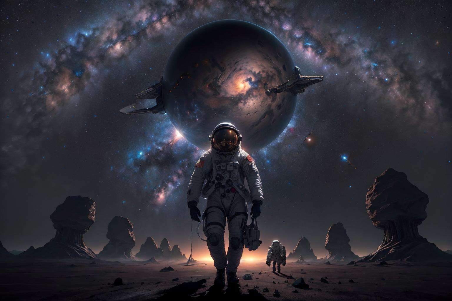 an astronaut is walking in space,the background is the vast universe,the milky way,galaxy