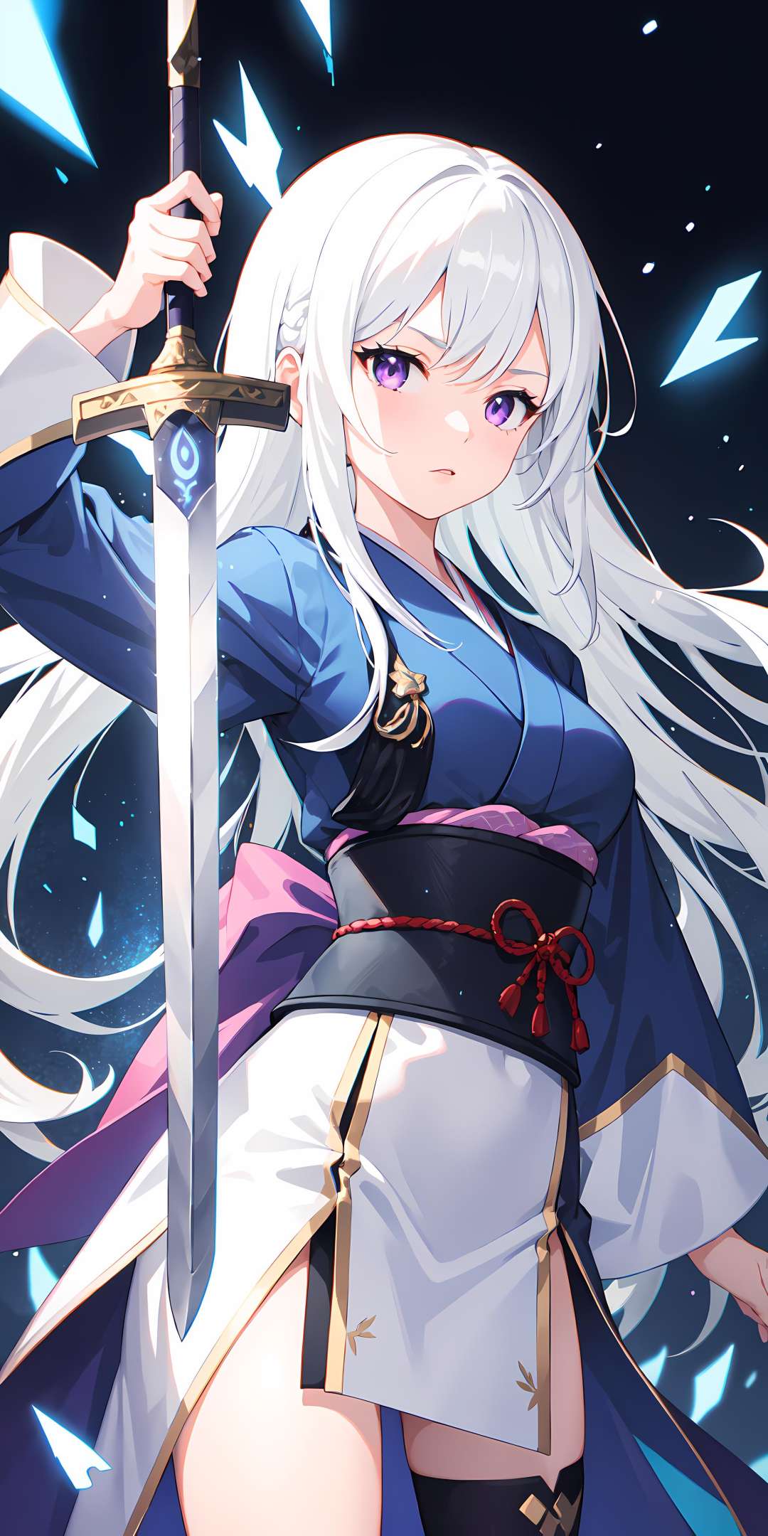 1girl, japanese armor, white hair, purple eyes, sword, ((holding sword)), blue flames, glowing weapon, light particles, wallpaper, chromatic aberration