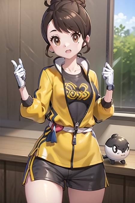 masterpiece, best quality, <lora:GloriaDojo:0.8>, gloria \(pokemon\), in dojo, black shorts, black shirt, yellow jacket, serious, zipper pull tab, white gloves, belt