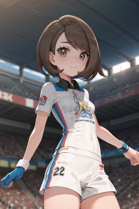 masterpiece, best quality, <lora:GloriaGym:0.8>, gloria \(pokemon\), single glove, striped shirt, white shorts, stadium, short sleeves, serious, standing, cowboy shot, 