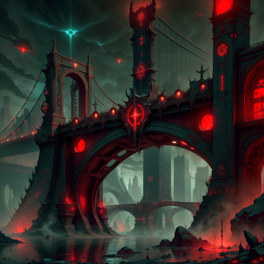 <lora:DemonicTech-20:0.8>, demonictech , scifi,    city, bridge, river 