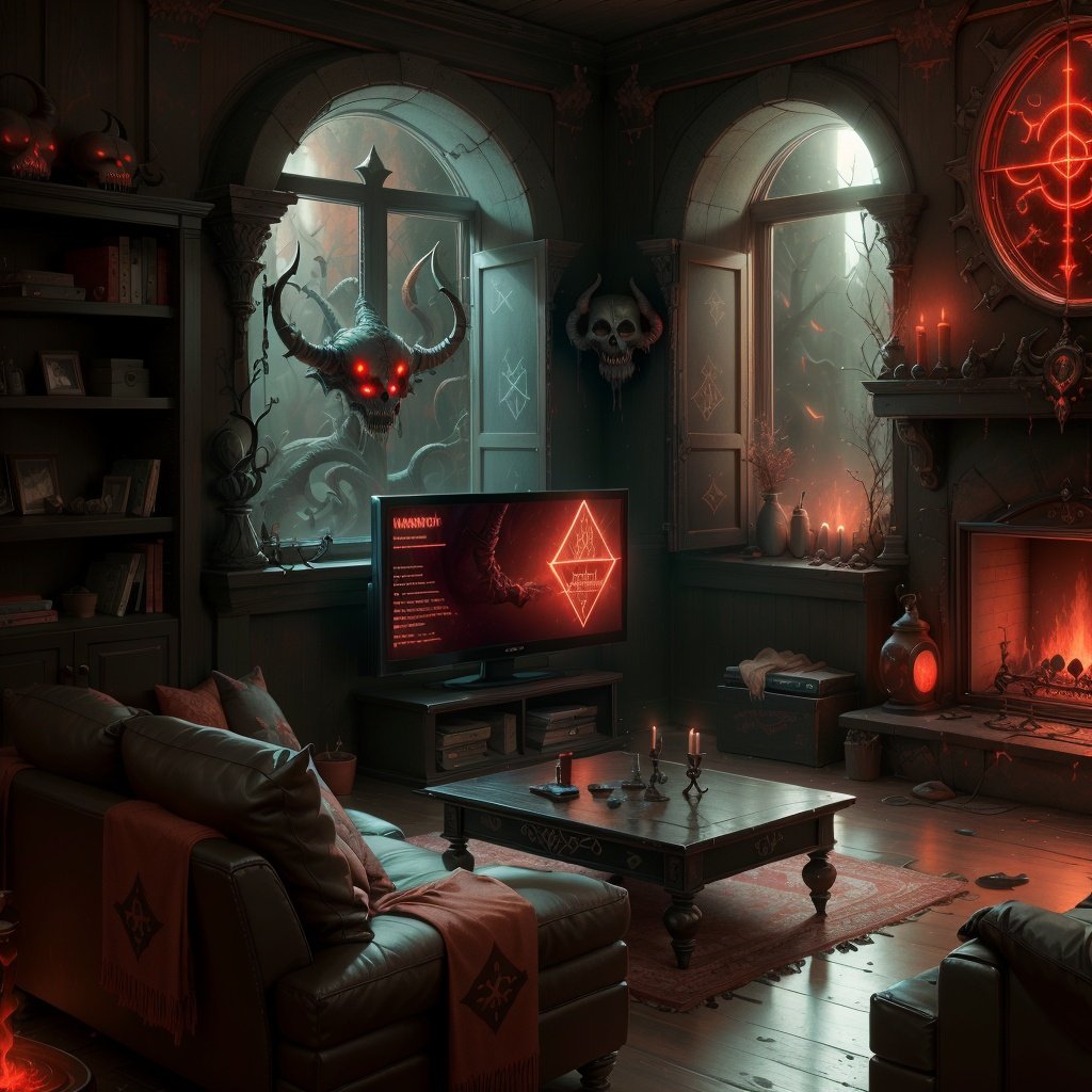 <lora:DemonicTech-20:0.8>, demonictech , scifi,  window, tv,runes ,living room, 