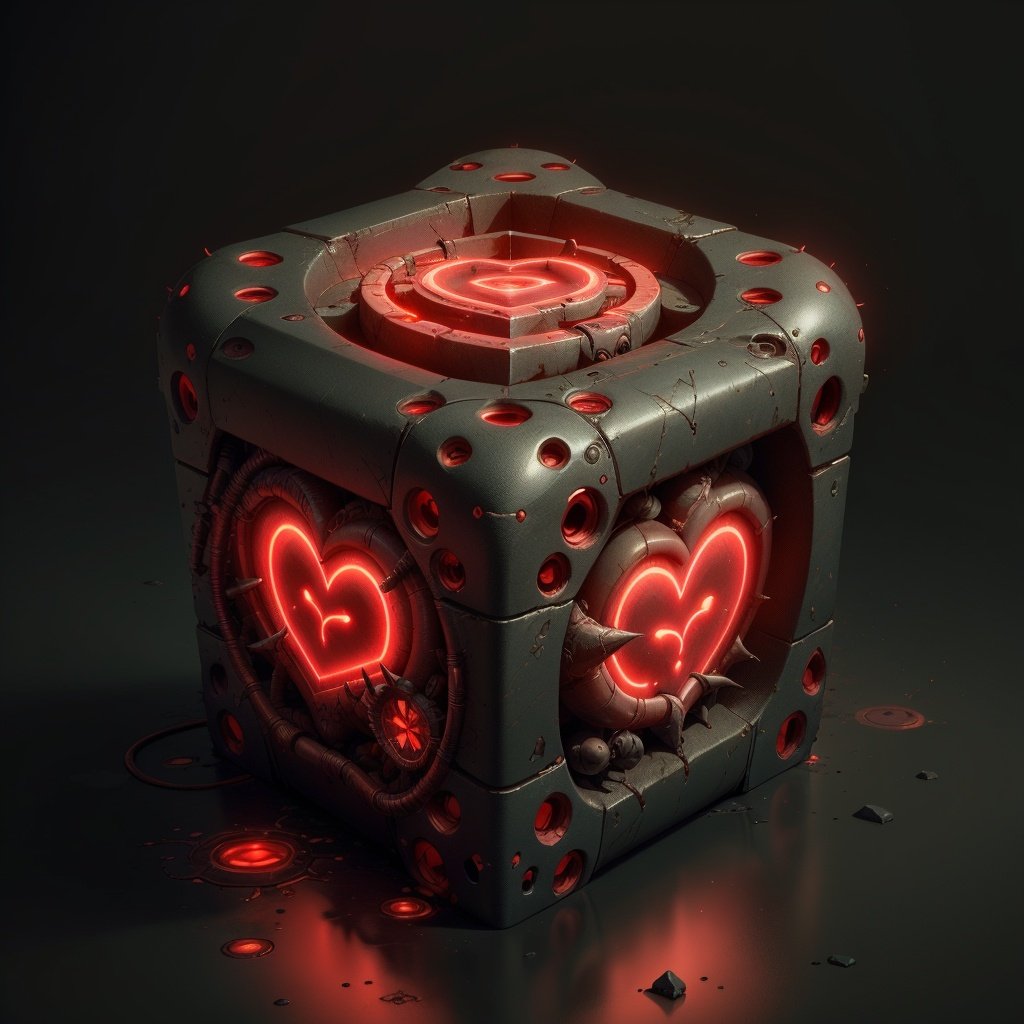 <lora:DemonicTech-20:0.8>, demonictech , scifi,  (simple background:1.3), cube, heart shape