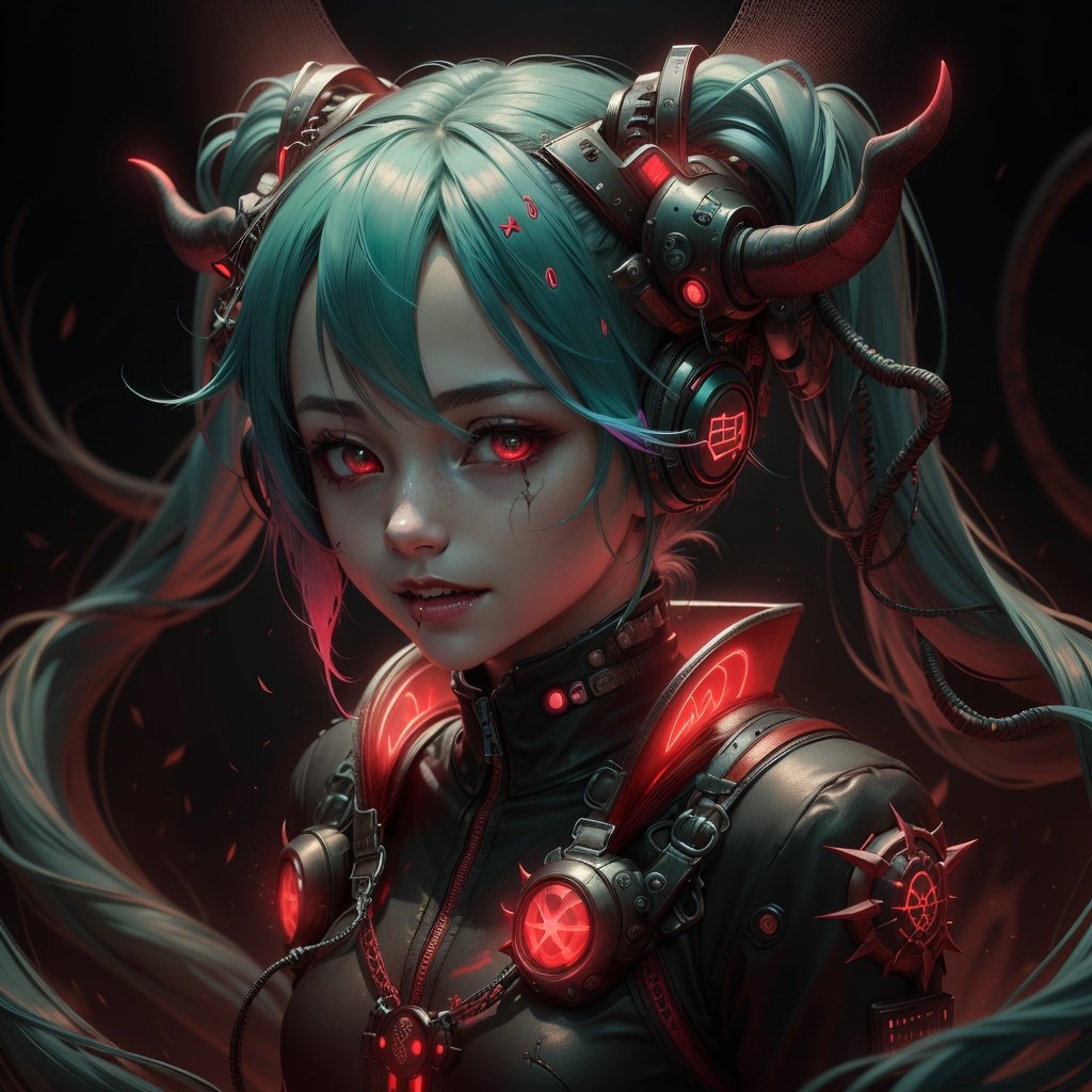 <lora:DemonicTech-20:0.8>, demonictech , scifi, colored glowing hair , hatsune miku, 1girl, 