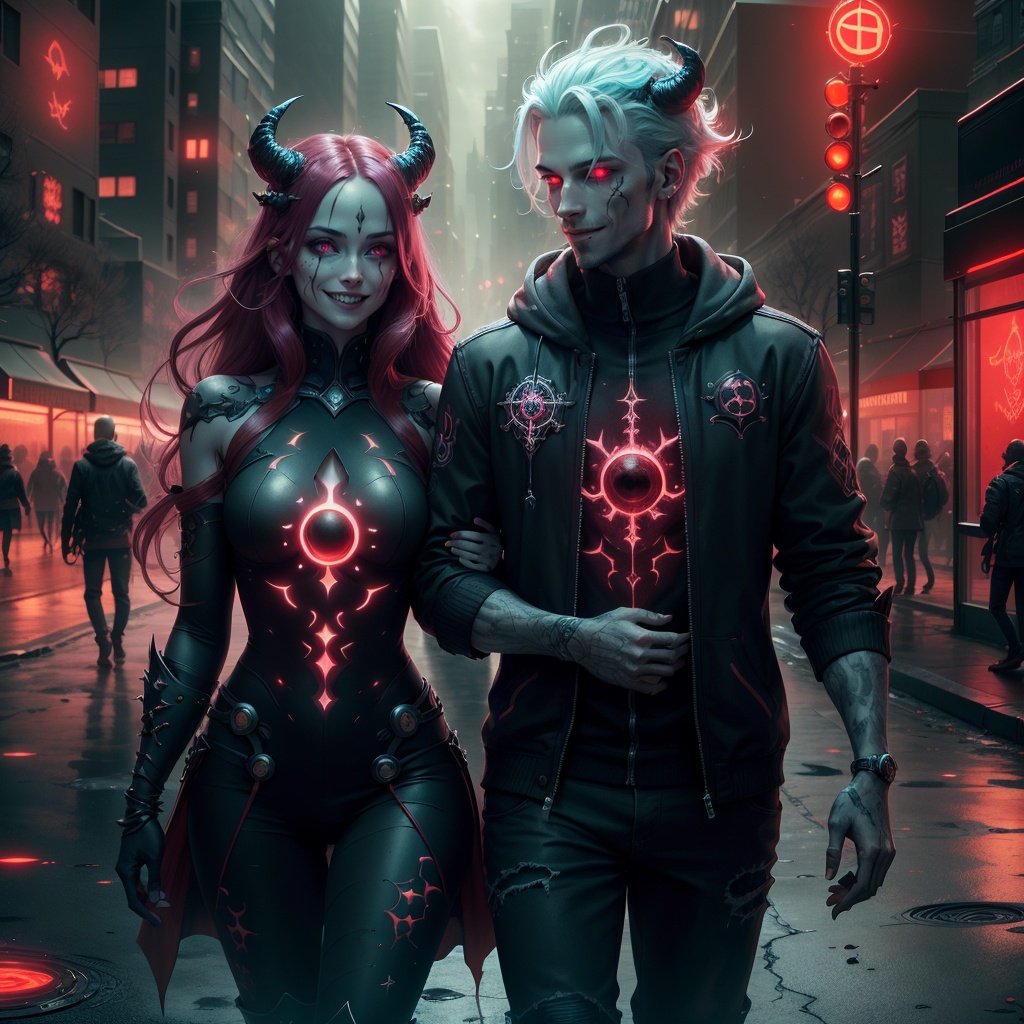 <lora:DemonicTech-20:0.8>, demonictech , scifi,    light smile,couple walking in the park, long hair , short hair ,glowing colored hair, glowing eyes,looking at another,