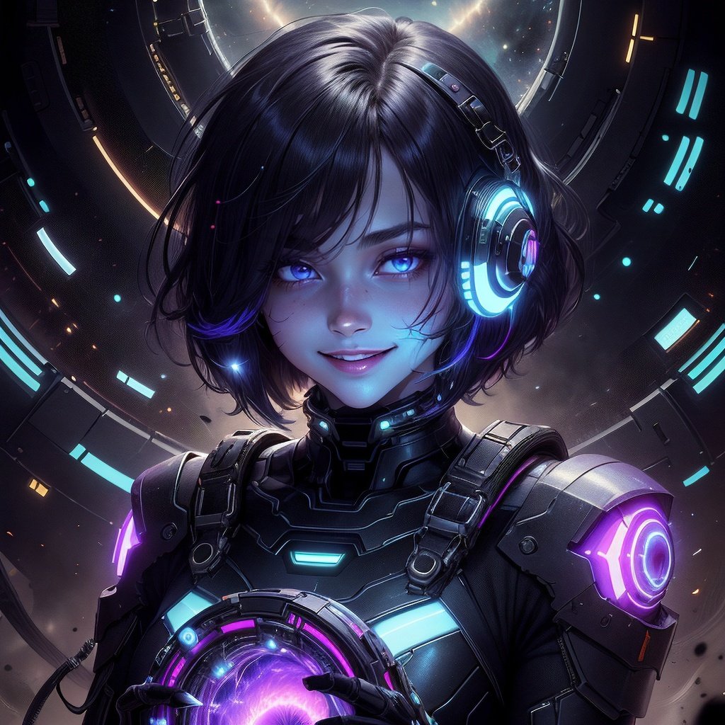 <lora:UltraBlackholeTech-20:0.8>,ulblackholetech  , ,scifi, blackhole, excessive energy, scholar , scroll, 1girl,long hair, blue skin,  smile ,closed mouth, bob cut, ,colored glowing  hair ,glowing eyes, 