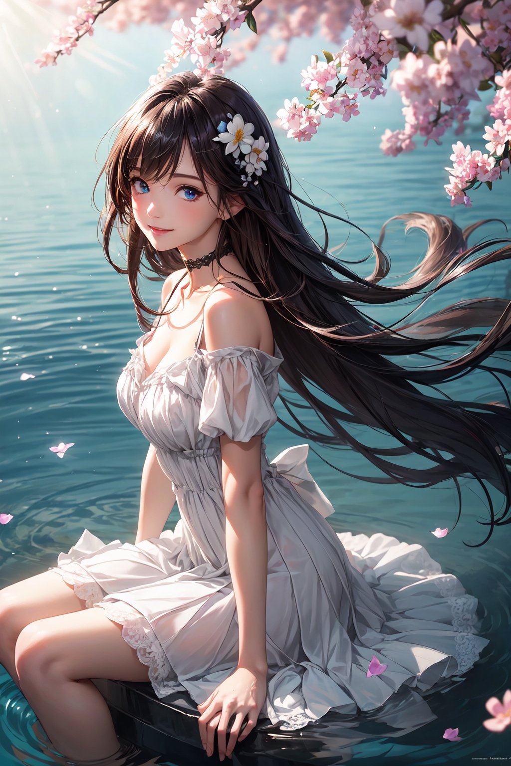 1 girl, solo,solo focus，brown_hair,Long hair,Messy hair,Bangs,hair between eyes,Sidelocks,Hair over shoulder,very long hair,shiny hair,floating hairblue eyes,Bright eyes,big eyes,detailed eyes,beautiful eyes,hair ornament,hair flower,choker,frilled dress with lace,long dress,pleated dress,small breasts,16 year old girl, [loli],blush,blushing,smile,smiling,medium view,outdoors,water,flower,sitting in the ((sea of flowers)), flower field,meadow,beautiful detailed sky,feather,nature,(sunlight), her hands under the chin,  skirt up,AGM,moist skin, shiny skin, glossy skin,(masterpiece, extremely detailed 8k wallpaper,best quality), (best illumination, best shadow, extremely delicate and beautiful), perfect lighting, original, highres, dynamic angle, floating,depth of field, caustics,lens flare,warm lighting,(official art,beautiful and aesthetic:1.2),beautiful face, perfect body,ultra detailed eyes, 