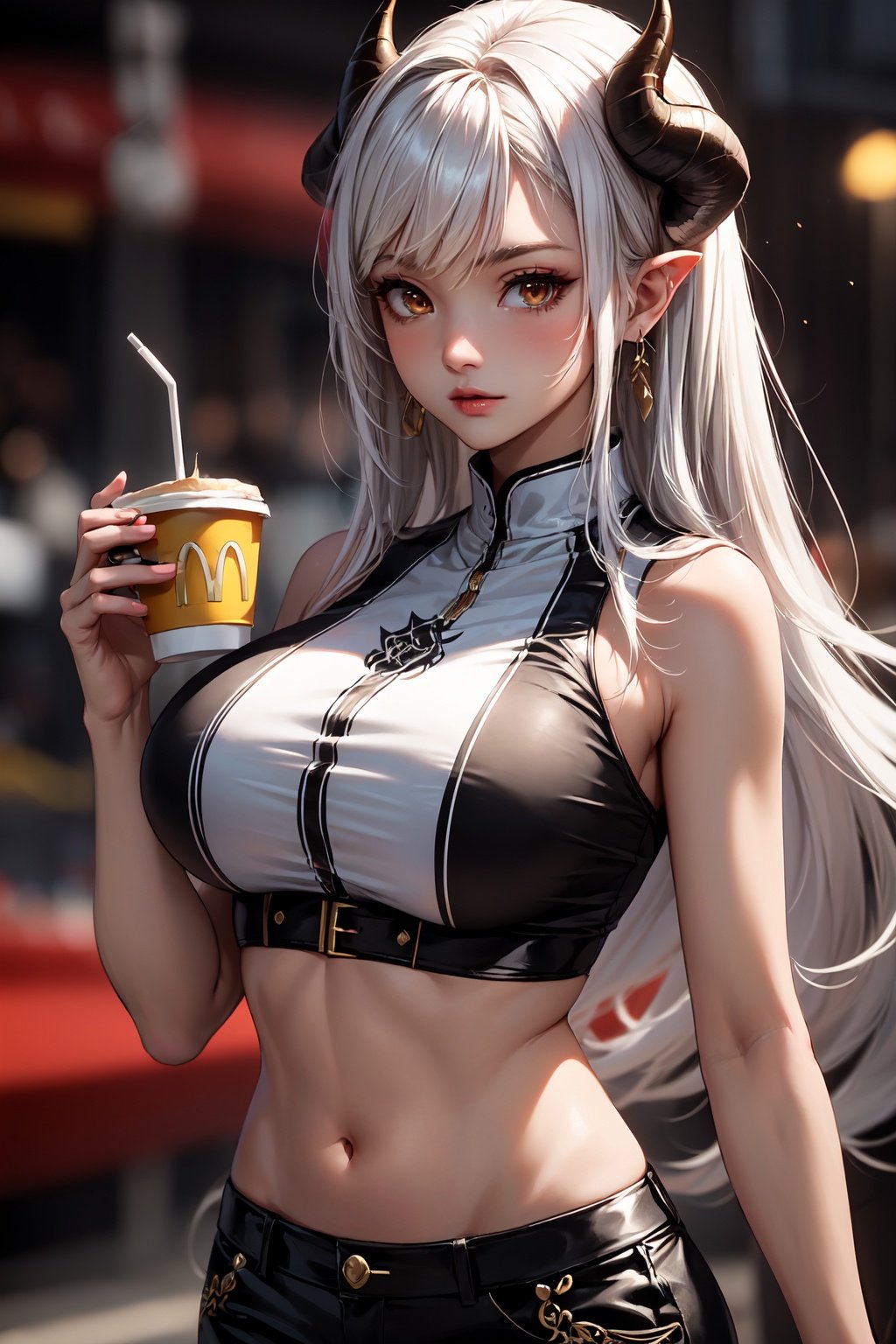 (masterpiece:1.2), (best quality, highest quality), ultra-detailed, intricate detail, absurdres,1girl, solo, tanned sin, crop top, mcdonalds, (long white hair), big soft breasts, orange eyes, bull horns, beautiful face,kpop idol,cowboy shot,