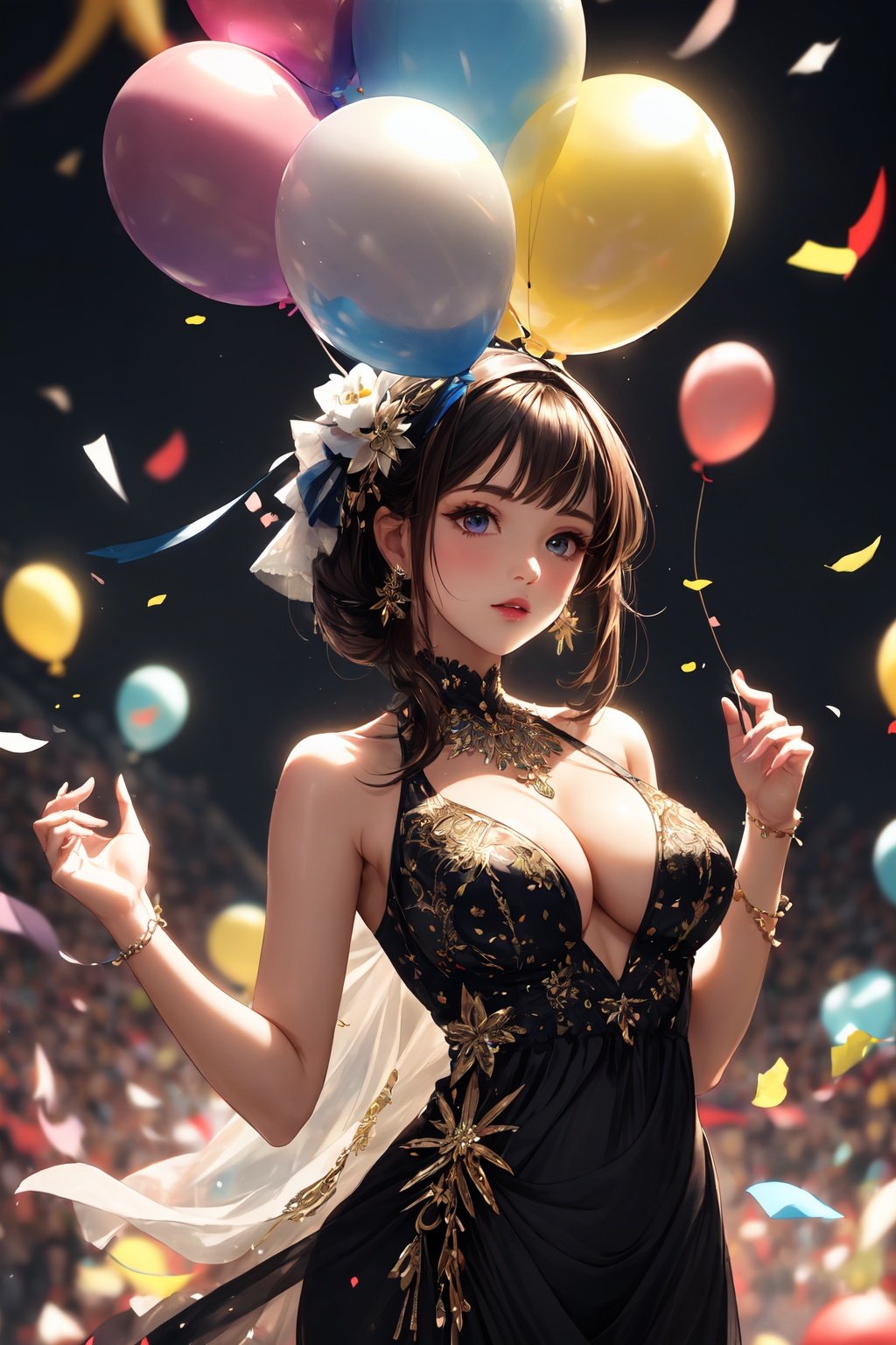 highly detailed, masterpiece, balloon aura, colorful confetti, beautiful woman, flowing dress