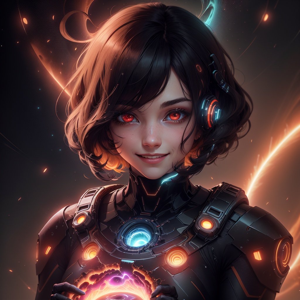 <lora:InfraBlackholeTech-20:0.8>,inblackholetech  ,scifi, blackhole, excessive energy,scholar , scroll, 1girl,long hair,    smile ,closed mouth, bob cut, ,colored glowing  hair ,glowing eyes,  