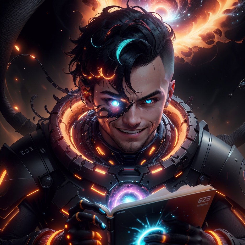 <lora:InfraBlackholeTech-20:0.8>,inblackholetech  ,scifi, blackhole, excessive energy,1boy,scholar , scroll,  (man:1.2),    buzz cut, ,colored glowing  hair ,glowing eyes,closed mouth,smile, 