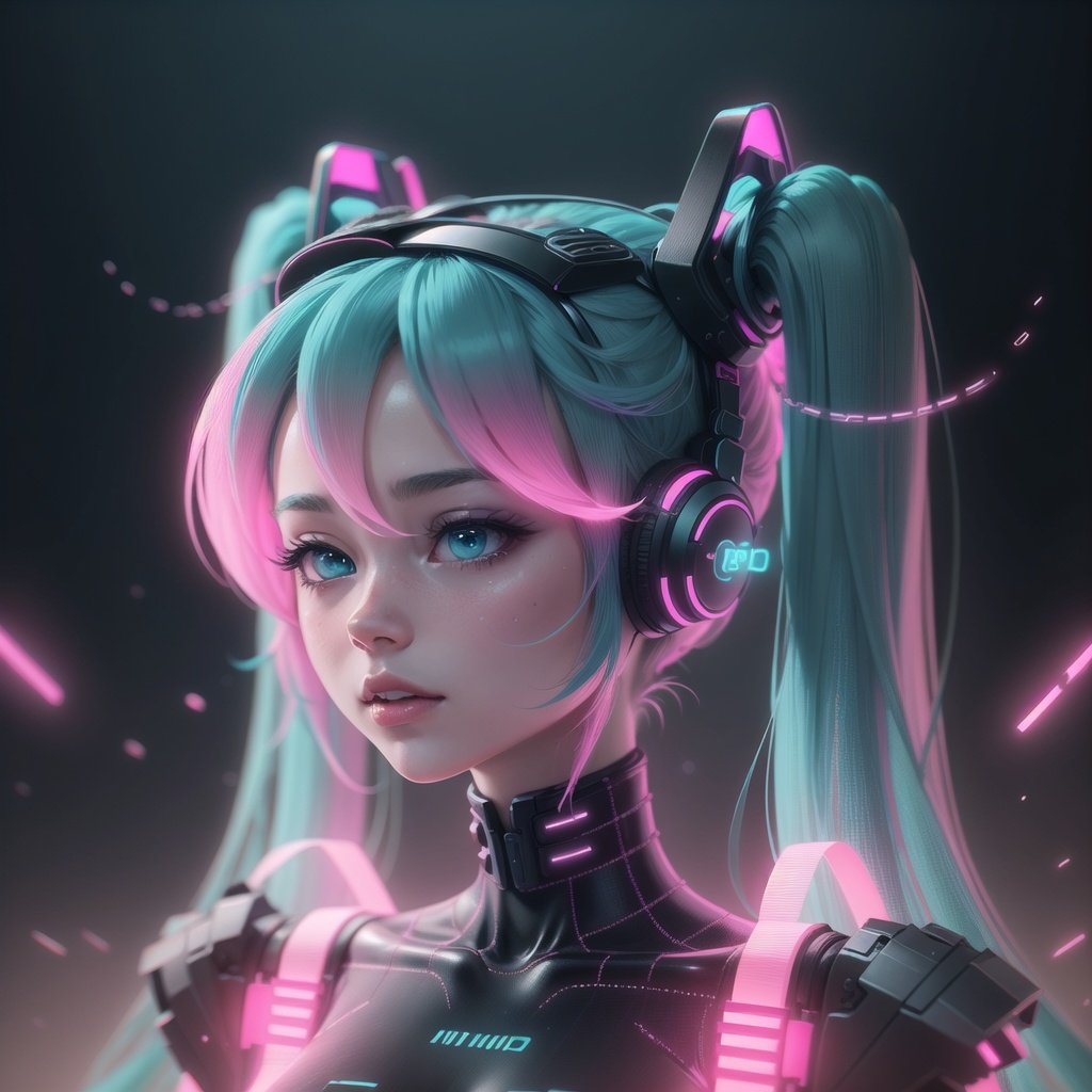 <lora:RetrowaveTech-20:0.8>,retrowavetech ,scifi, virtual, vaporwave , wireframe , colored glowing  hair , hatsune miku, 