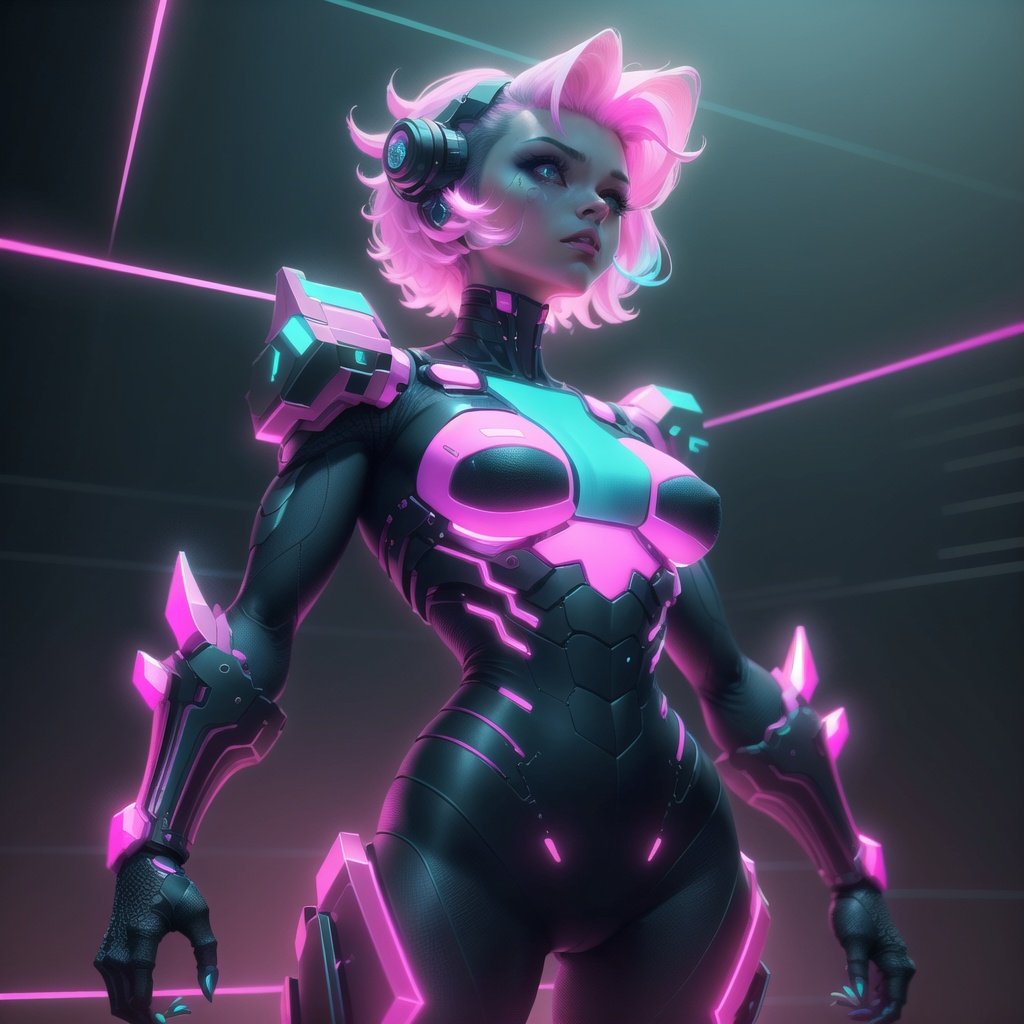 <lora:RetrowaveTech-20:0.8>,retrowavetech ,scifi, virtual, vaporwave , wireframe ,monster girl,colored glowing  hair ,1girl, short hair, tomboy, living weapon ,