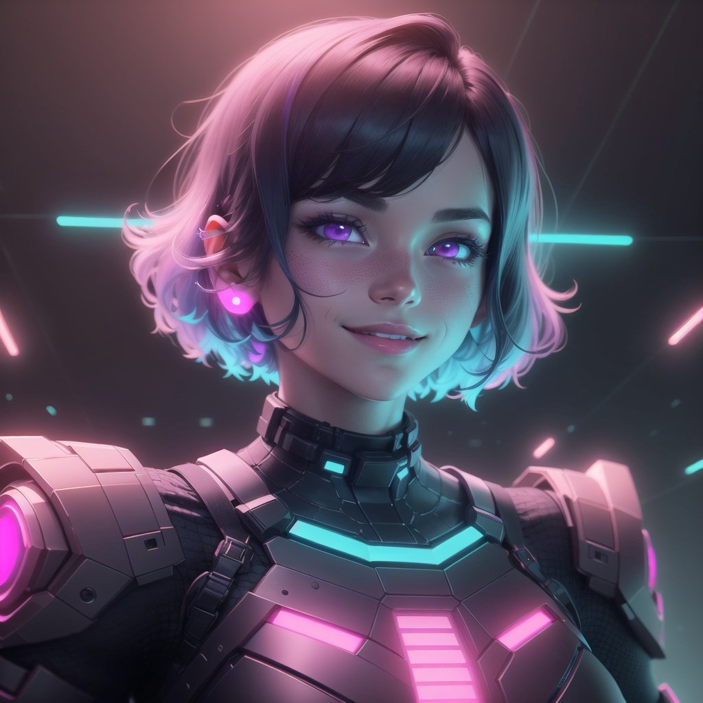 <lora:RetrowaveTech-20:0.8>,retrowavetech ,scifi, virtual, vaporwave , wireframe ,scholar , scroll, 1girl,long hair, blue skin,  smile ,closed mouth, bob cut, ,colored glowing  hair ,glowing eyes,