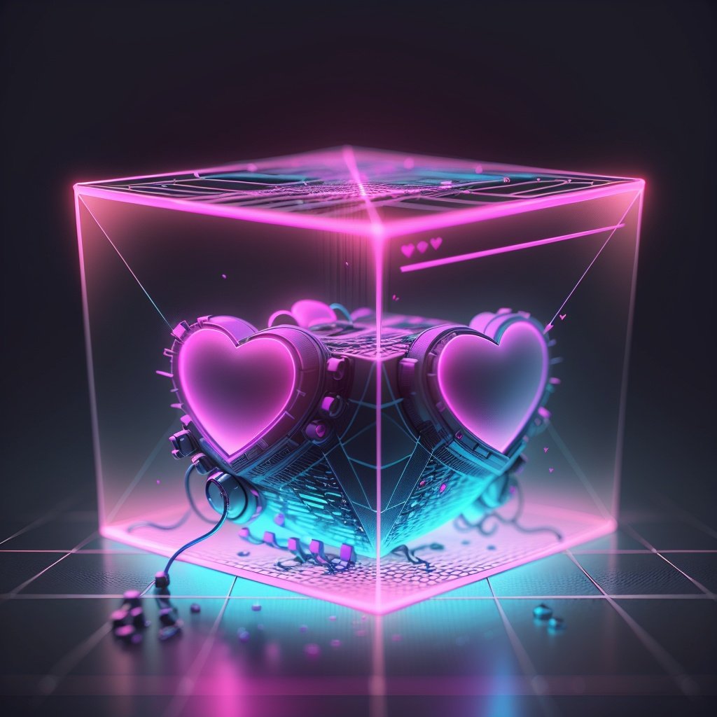 <lora:RetrowaveTech-20:0.8>,retrowavetech ,scifi, virtual, vaporwave , wireframe ,(simple background:1.3), cube, heart shape